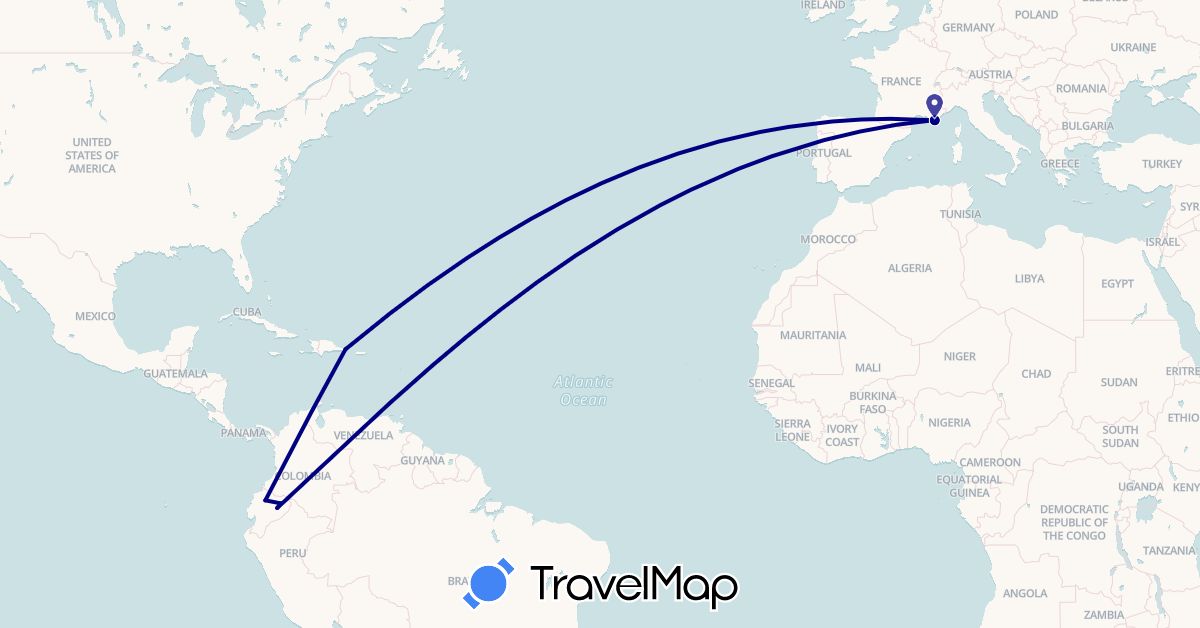 TravelMap itinerary: driving in Dominican Republic, Ecuador, France (Europe, North America, South America)